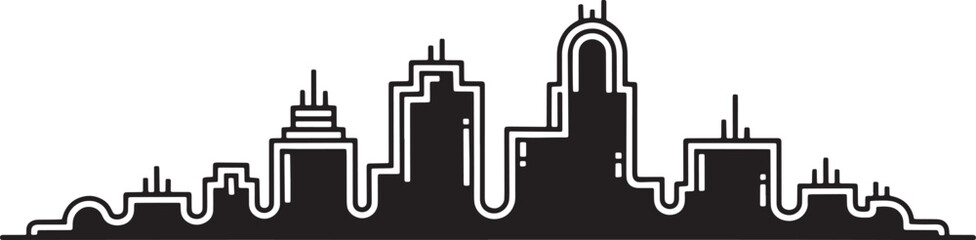 Cityscape with buildings and river reflection illustration in black simple outline art