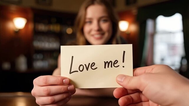 Smiling young woman holding a handwritten love note toward the viewer in a bar. Concept of affection, romance, and personal message.