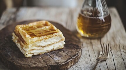 Close up of waffles with syrup on wooden board
