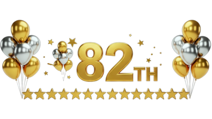 3D 82nd Anniversary Celebration with Gold and Silver Balloons and Stars on transparent background