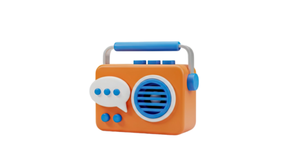 3D cartoon radio with speech bubble and buttons on transparent background