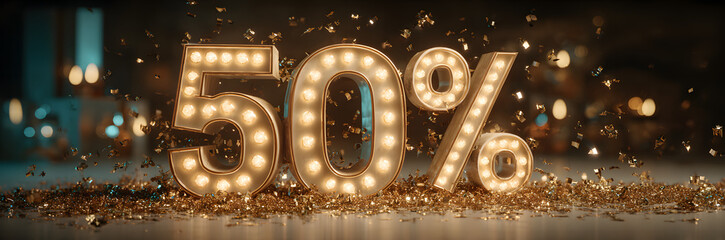 Large glowing 50 percent sign with falling confetti. Discount or promotion concept for sale advertisement with bright illumination.