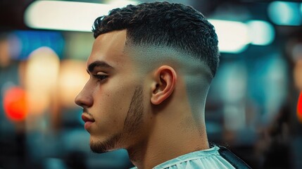 A young man with short, dark hair and a beard, wearing a white shirt, stands in a dimly lit barbershop with a blurred background. 