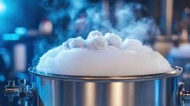 Cryogenic dewar emitting frost and vapor in laboratory setting