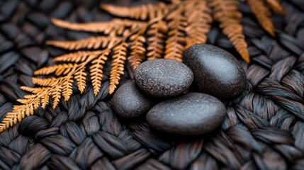Dark smooth stones and dry fern leaves arranged on a woven textured surface for a spa or massage therapy setting