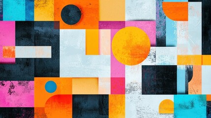 A colorful abstract geometric pattern with a mix of shapes and colors, including orange, blue, pink, and black, set against a textured, grungy background.