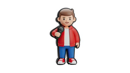 3D Cartoon Boy with Microphone on transparent background