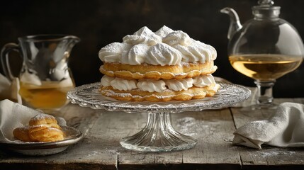 Delicious layered French pastry with cream on glass plate