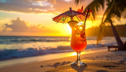 Tropical beach scene at sunset, with an ornate cocktail sitting on a sandy surface, silhouetted palm leaves frame the horizon