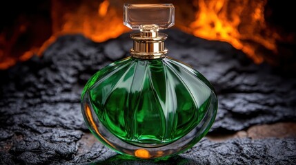 Elegant Emerald Glass Perfume Bottle Displayed with Warm Lighting