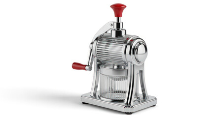 A shiny manual meat grinder with red handle on white background
