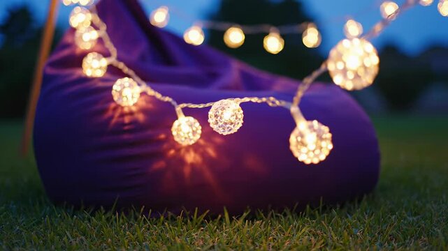 Illuminated Serenity: A cozy beanbag chair is adorned with delicate string lights, casting a warm, inviting glow against a twilight backdrop.