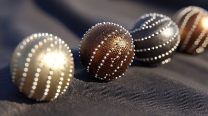 Fototapeta premium Decorative spherical objects with intricate bead patterns in various colors aligned on a dark fabric backdrop