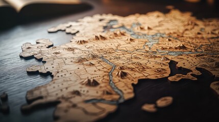 Intricately carved wooden map with raised terrain features and visible rivers