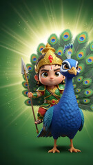 Cute Chibi Lord Murugan Riding Peacock with Vel Spear - Adorable Kartikeya Illustration