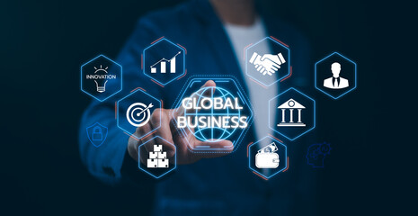 Explore global business strategy, technology, and innovation. digital interface worldwide investment and growth networks, symbolizing modern success, finance, development, and secured partnerships.