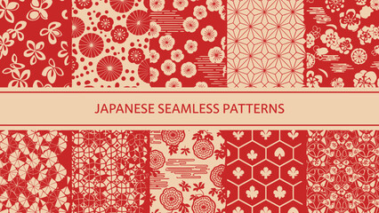 Collection of traditional Japanese seamless patterns in red and beige colors