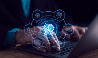 Artificial intelligence and technology are driving digital innovation. Human brain connects with global data and network systems, smart future solutions for business growth and across modern society.