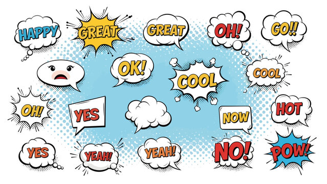 Collection of comic speech bubbles with various expressions and emotions on blue background