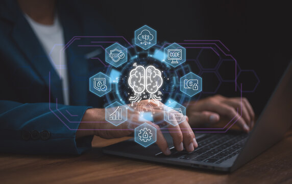 Businessman use laptop, Artificial Intelligence digital technology for complex business intelligence. cyber security, cloud computing, and strategic data management for innovation and future growth. - Powered by Adobe