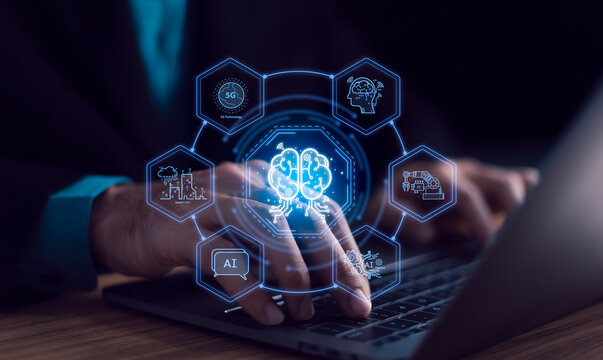 Artificial intelligence and technology are driving digital innovation. Human brain connects with global data and network systems, smart future solutions for business growth and across modern society. - Powered by Adobe