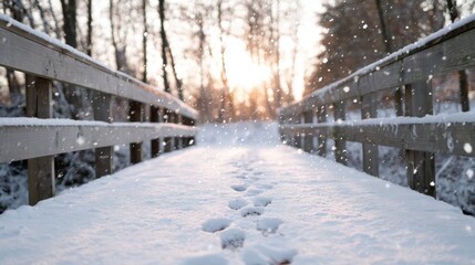 Magical winter scene of snow covered wooden bridge at sunrise