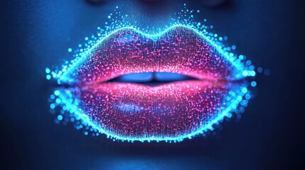 A close-up of a woman's lips with a glowing, pixelated effect, set against a dark background.