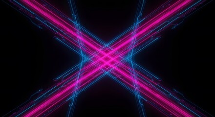 An abstract X is rendered with interwoven neon blue and pink lines on a black backdrop The lines suggest a circuit board pattern