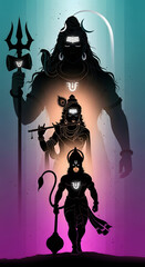 Vibrant Gradient Silhouettes of Hindu Deities: Shiva, Krishna, and Hanuman in Divine Formation