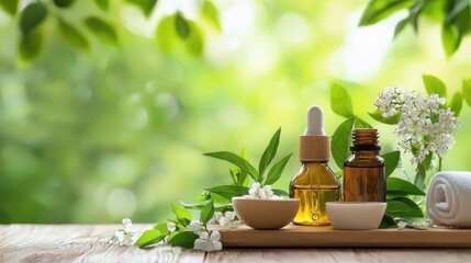 A wooden tray with essential oils, flowers, and a rolled towel on a wooden table with a green leafy background