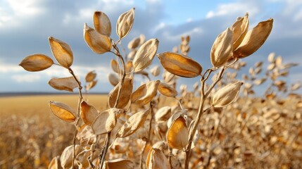 Dried brittle seed pods hang on delicate plant stems against a blurred background of a dry field and cloudy sky