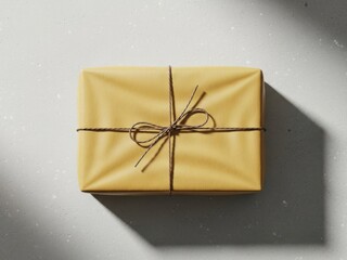 A beautifully wrapped yellow gift box with a rustic twine bow on a gray surface with shadows