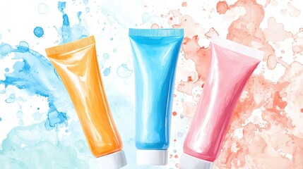 Three colorful tubes of skincare products, orange, blue, and pink, against a watercolor background with splashes of blue and pink.