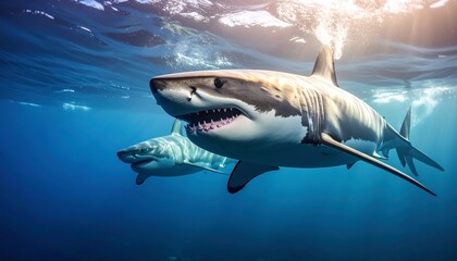 Two great white predators swim gracefully through deep blue ocean waters with sunlight streaming down, depicting a majestic scene