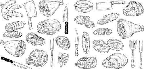 Handdrawn meat products assortment with steak, sausage, and butcher tools sketched pattern