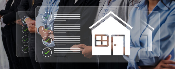 Professionals engage in a real estate meeting, utilizing digital checklists and icons, symbolizing the collaborative process of property evaluation and strategic planning. Gantry