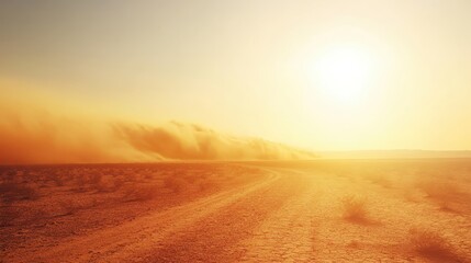Dust storm churning across vast arid plain in bright sunlight