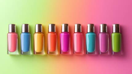 A colorful array of nail polish bottles arranged in a row on a gradient background.