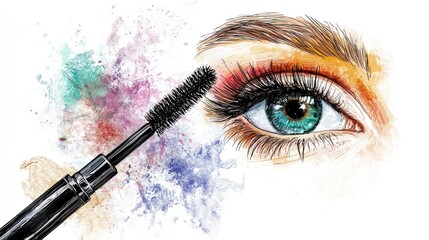 A colorful eye makeup illustration with a brush and a woman's eye, set against a watercolor background.