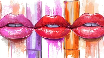 Three vibrant lips with lipstick, one pink and two red, against a colorful background with streaks of pink, purple, orange, and white. The lips are the foreground, 