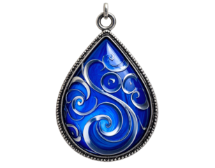 Ornate teardrop pendant, deep blue enamel with silver swirl motif