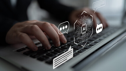 A close-up view of hands typing on a laptop keyboard, surrounded by AI icons and chat bubbles, symbolizing the intersection of technology and communication in a professional setting. Gantry