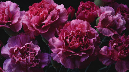 Obraz premium Vivid pink and purple carnations with ruffled textured petals arranged in a floral pattern