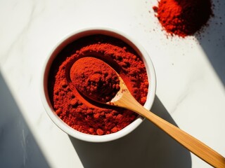 A bowl of red powder with a wooden spoon on a marble surface with a small pile of powder