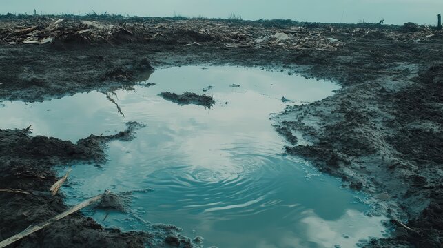 Rippled water puddle reflecting cloudy sky in outdoor environment - Powered by Adobe