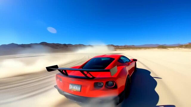 Red sports car drifting on desert landscape, showcasing speed and excitement
