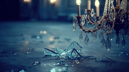 Shattered glass fragments from an ornate chandelier lie scattered on a dark blue floor with glowing lights