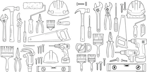 Fototapeta premium Line art pattern of various construction tools, drill, hammer, saw and protection equipment vector