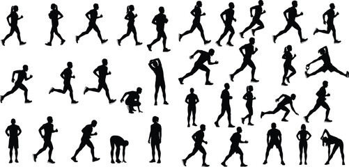 Man and woman runners, silhouette illustration, fitness, different poses, running, stretching, warming up