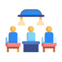 Flat illustration of a meeting table with three attendees